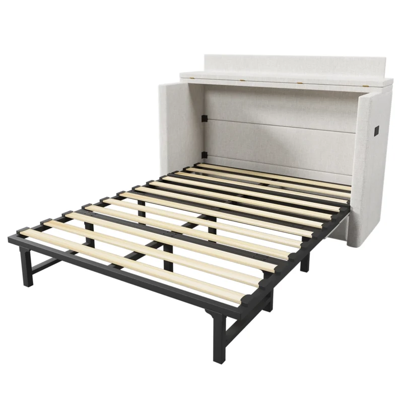 Letto a scomparsa 140x200 in lino beige con prese USB e Type-C; letto armadio salvaspazio