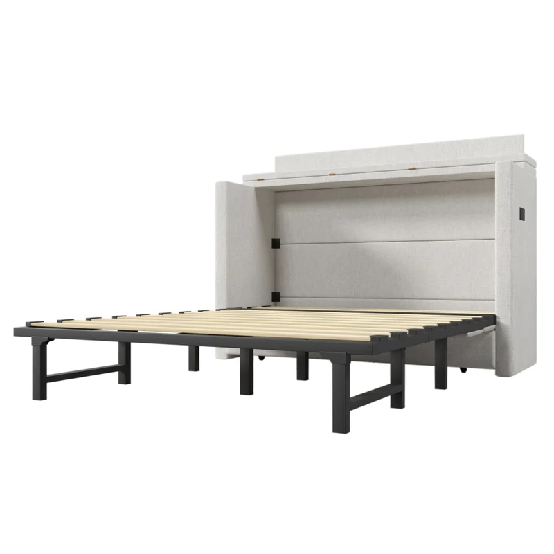 Letto a scomparsa 140x200 in lino beige con prese USB e Type-C; letto armadio salvaspazio