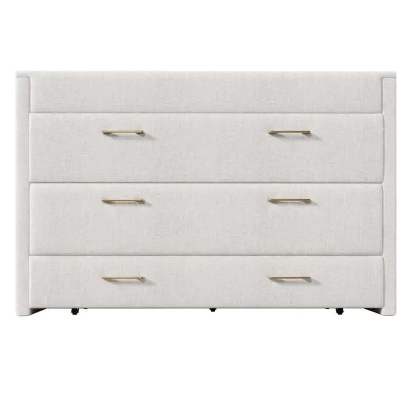 Letto a scomparsa 140x200 in lino beige con prese USB e Type-C; letto armadio salvaspazio