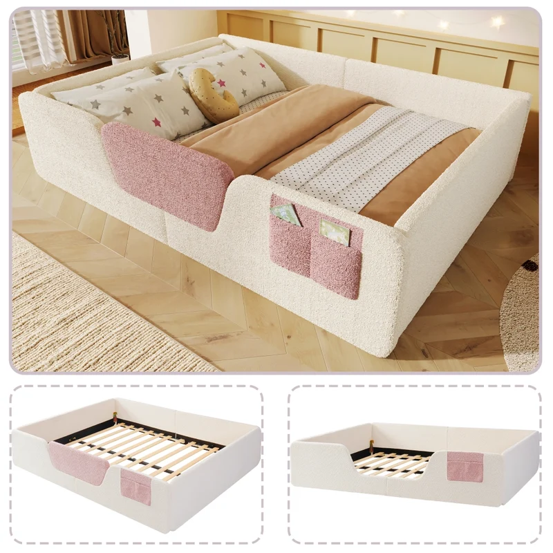 Letto imbottito 140x190 cm in velluto beige per cameretta; con sponde rimovibili