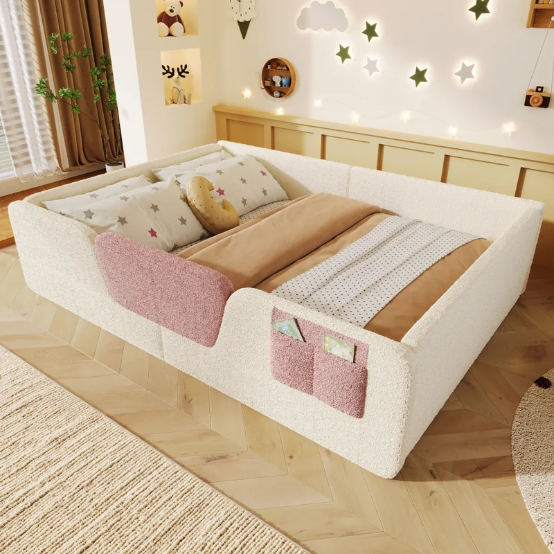 Letto imbottito 140x190 cm in velluto beige per cameretta; con sponde rimovibili