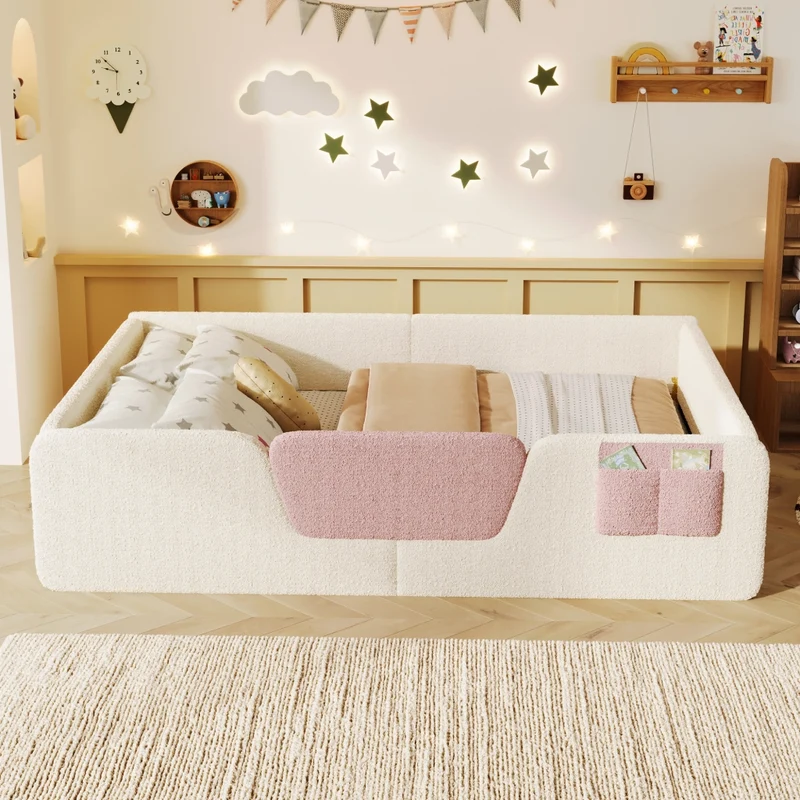 Letto imbottito 140x190 cm in velluto beige per cameretta; con sponde rimovibili