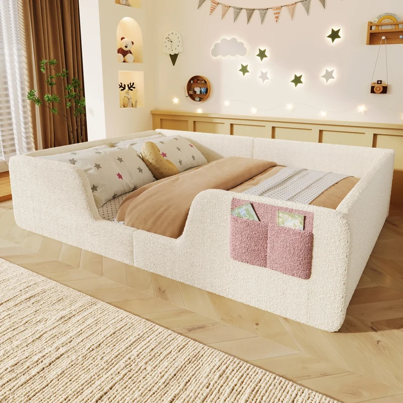 Letto imbottito 140x190 cm in velluto beige per cameretta; con sponde rimovibili
