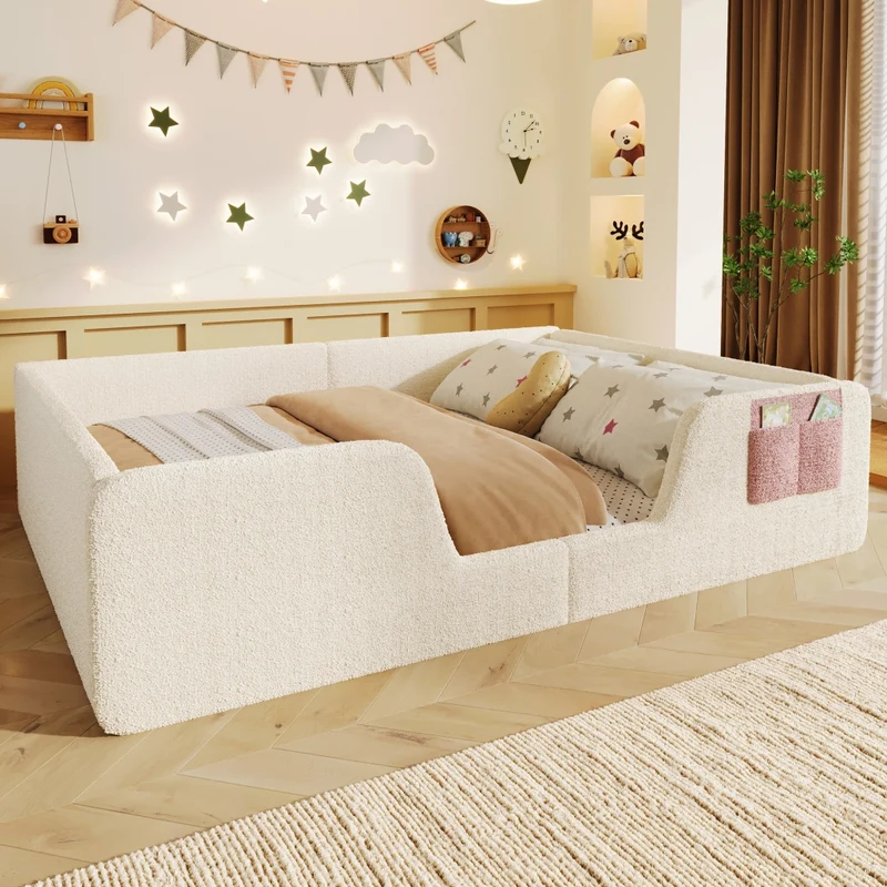 Letto imbottito 140x190 cm in velluto beige per cameretta; con sponde rimovibili
