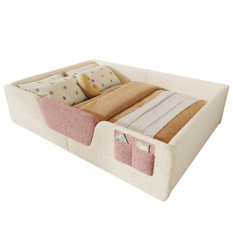 Letto imbottito 140x190 cm in velluto beige per cameretta; con sponde rimovibili