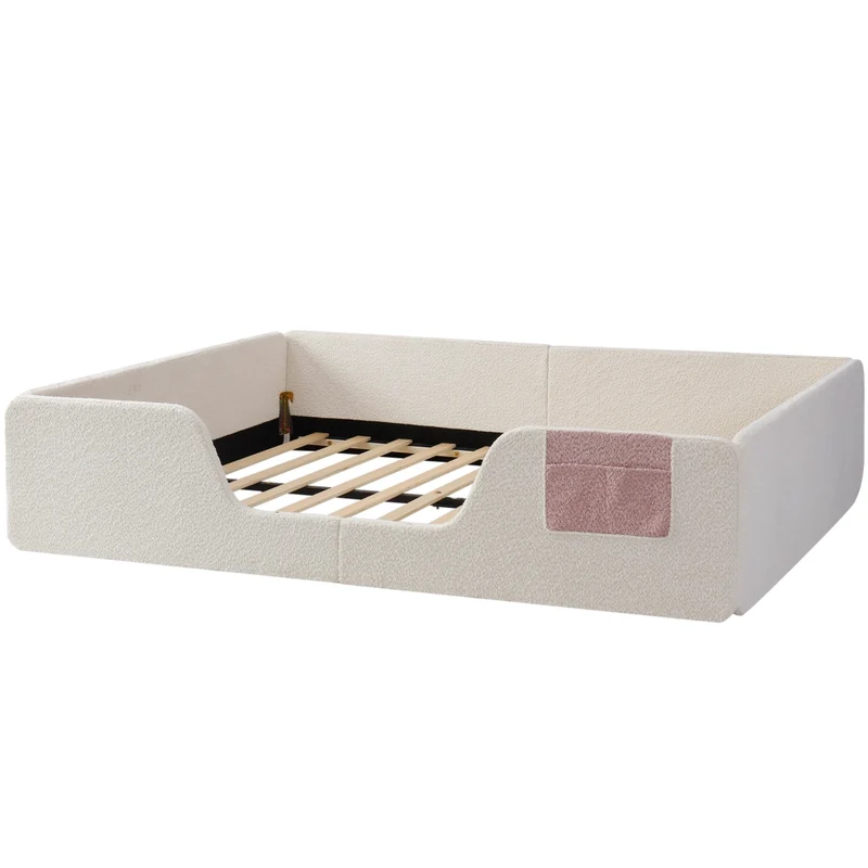 Letto imbottito 140x190 cm in velluto beige per cameretta; con sponde rimovibili