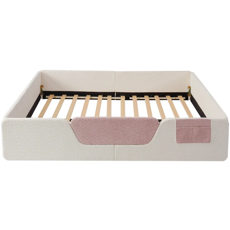 Letto imbottito 140x190 cm in velluto beige per cameretta; con sponde rimovibili