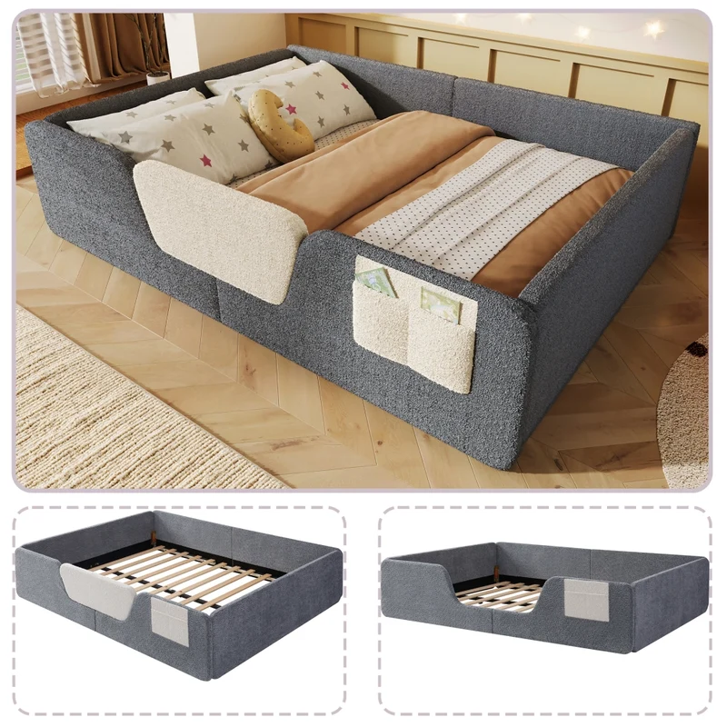 Letto imbottito per bambini 140x190 cm in velluto grigio con sponde rimovibili