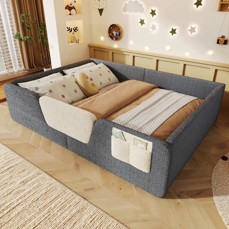Letto imbottito per bambini 140x190 cm in velluto grigio con sponde rimovibili