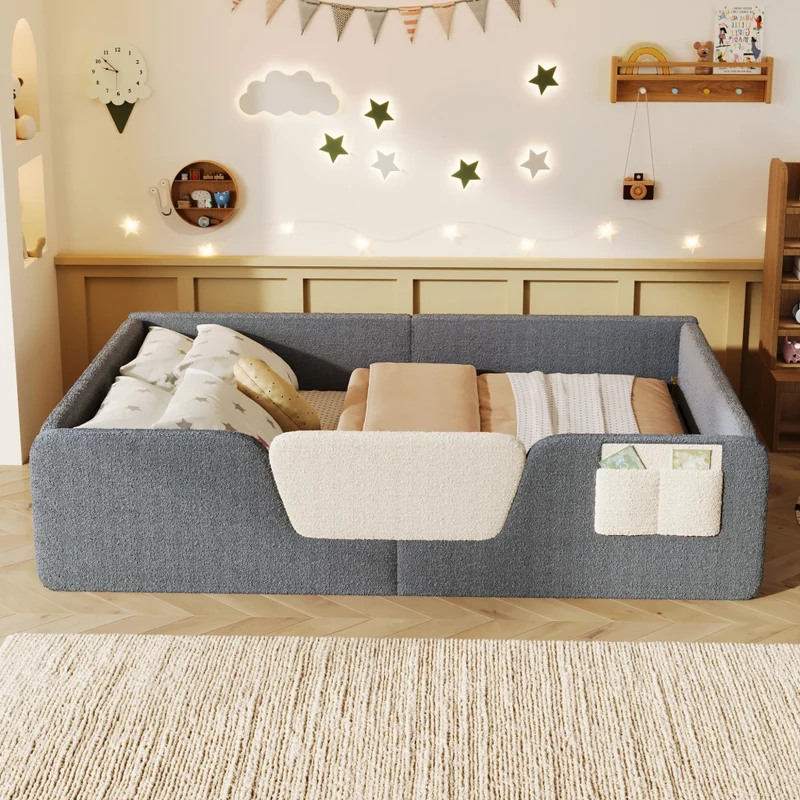 Letto imbottito per bambini 140x190 cm in velluto grigio con sponde rimovibili