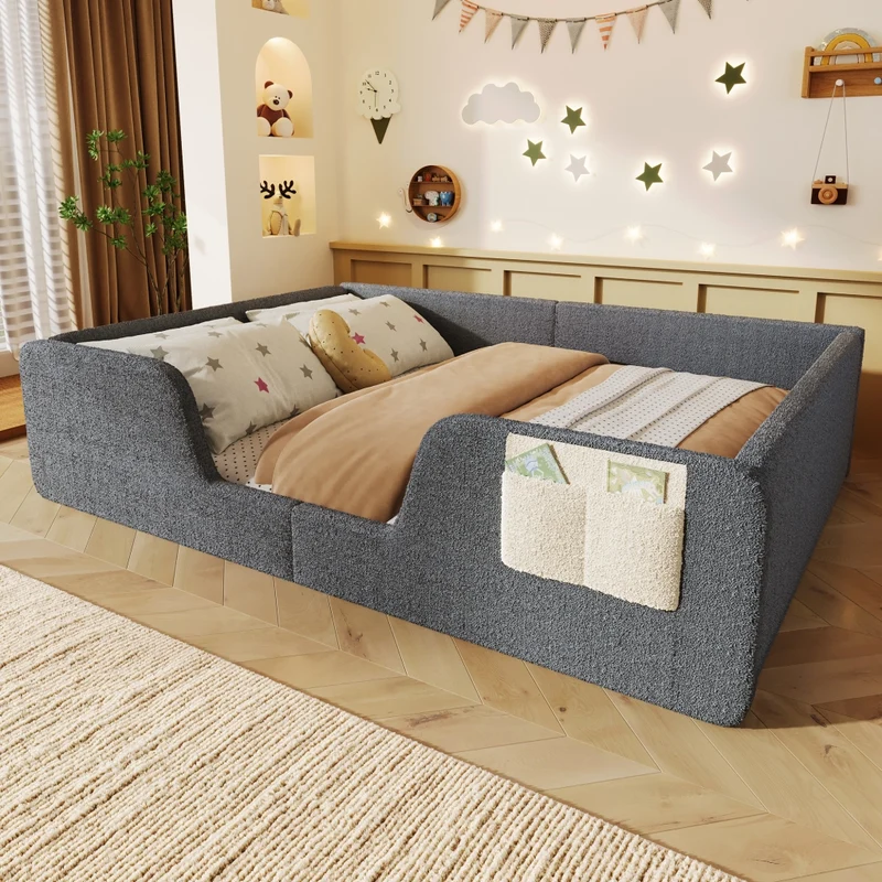 Letto imbottito per bambini 140x190 cm in velluto grigio con sponde rimovibili