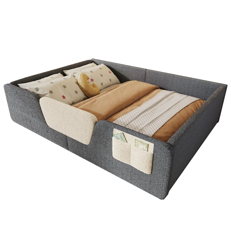 Letto imbottito per bambini 140x190 cm in velluto grigio con sponde rimovibili