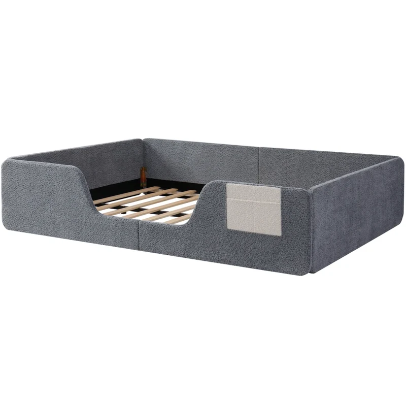 Letto imbottito per bambini 140x190 cm in velluto grigio con sponde rimovibili