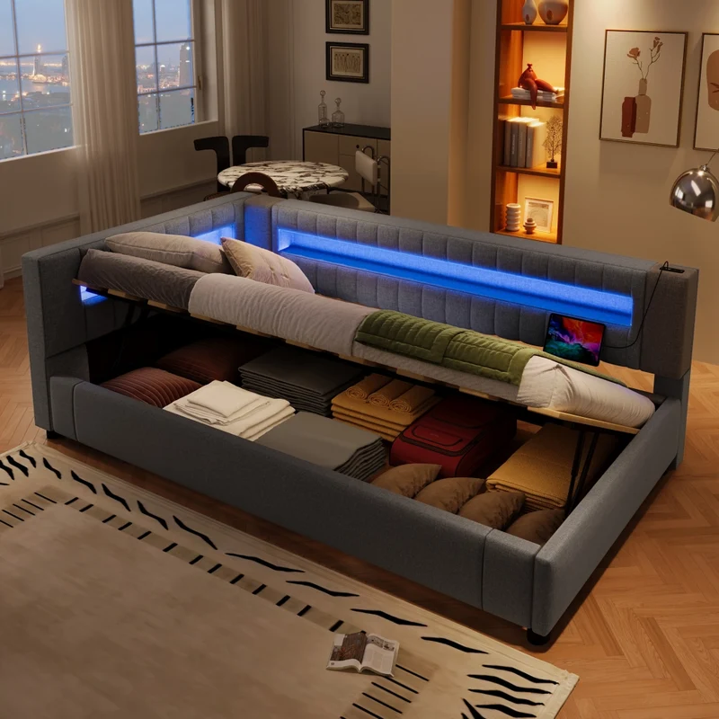 Letto singolo 90x200 cm grigio in lino con contenitore idraulico e luci LED