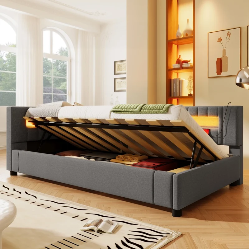 Letto singolo 90x200 cm grigio in lino con contenitore idraulico e luci LED