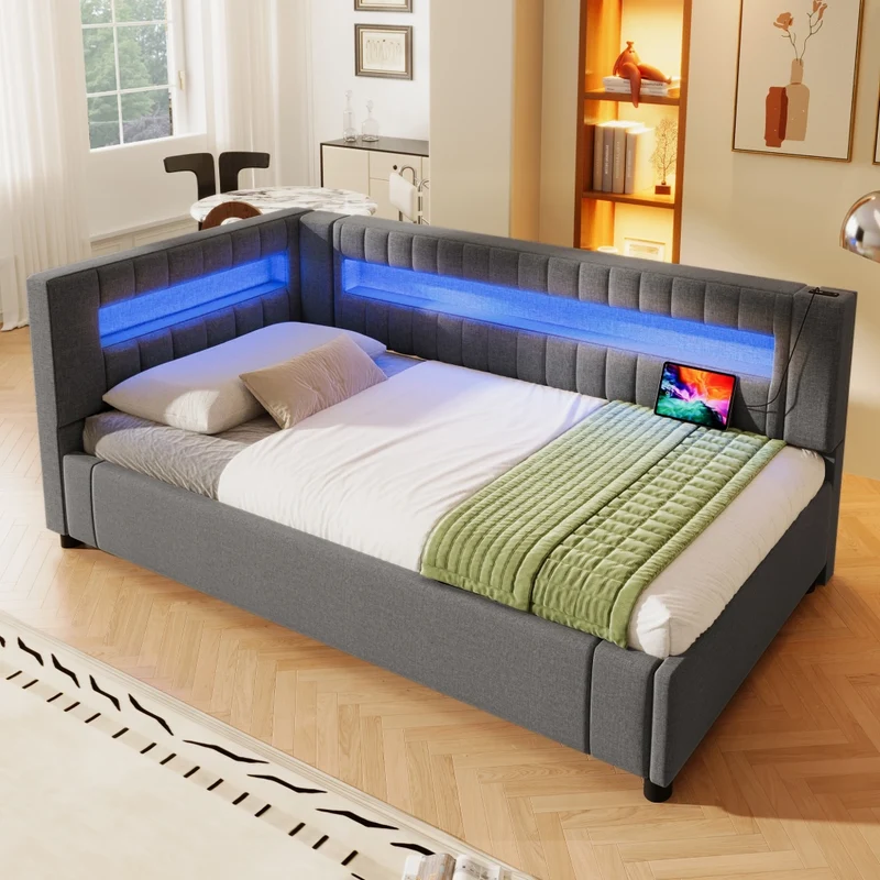Letto singolo 90x200 cm grigio in lino con contenitore idraulico e luci LED