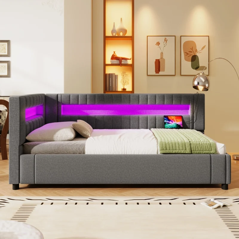 Letto singolo 90x200 cm grigio in lino con contenitore idraulico e luci LED