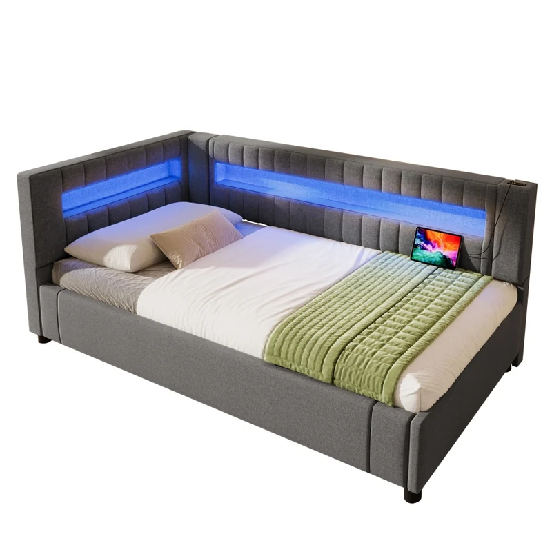 Letto singolo 90x200 cm grigio in lino con contenitore idraulico e luci LED
