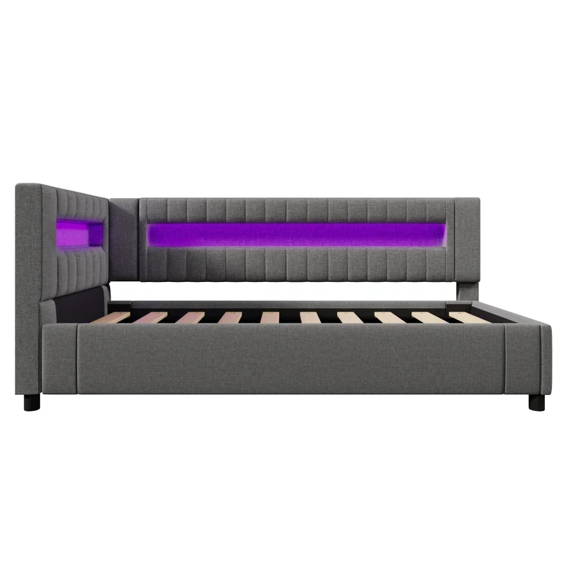Letto singolo 90x200 cm grigio in lino con contenitore idraulico e luci LED