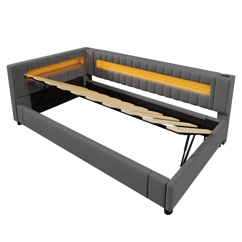 Letto singolo 90x200 cm grigio in lino con contenitore idraulico e luci LED