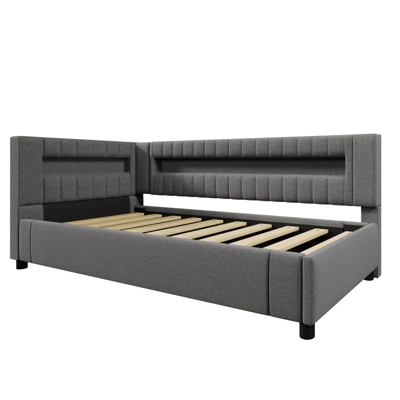 Letto singolo 90x200 cm grigio in lino con contenitore idraulico e luci LED