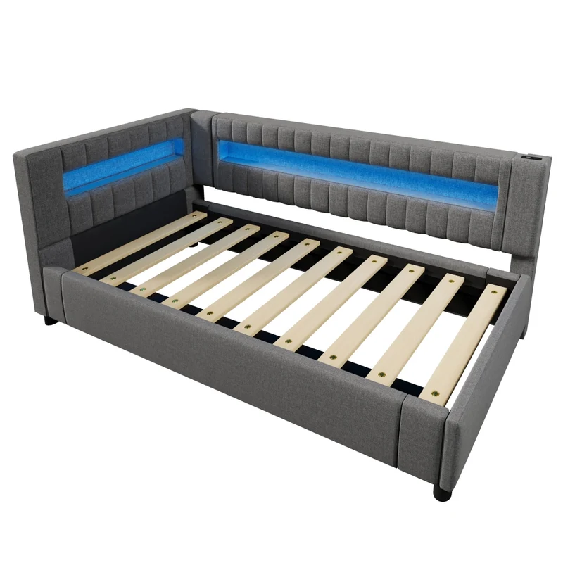 Letto singolo 90x200 cm grigio in lino con contenitore idraulico e luci LED