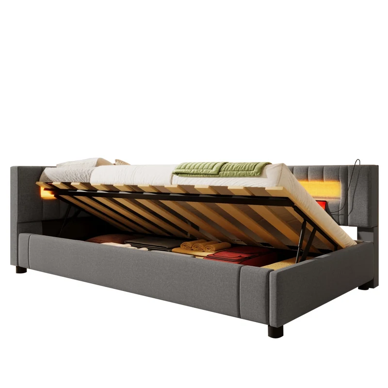 Letto singolo 90x200 cm grigio in lino con contenitore idraulico e luci LED