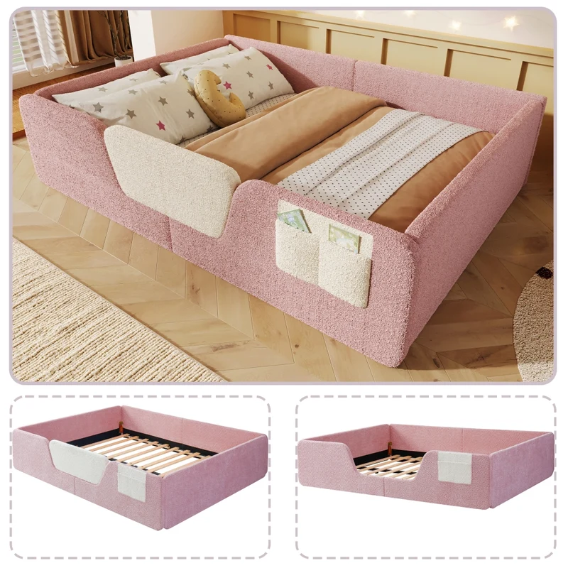 Letto imbottito per bambini 140x190 cm in velluto rosa; senza materasso; con sponde removibili