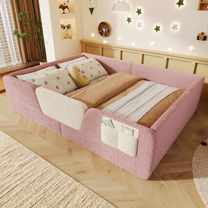 Letto imbottito per bambini 140x190 cm in velluto rosa; senza materasso; con sponde removibili