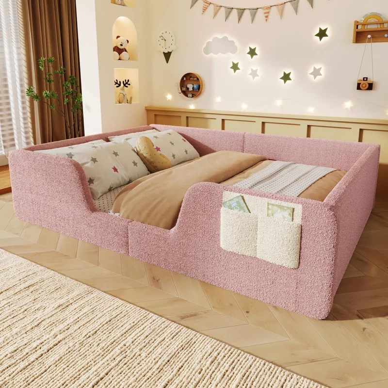 Letto imbottito per bambini 140x190 cm in velluto rosa; senza materasso; con sponde removibili
