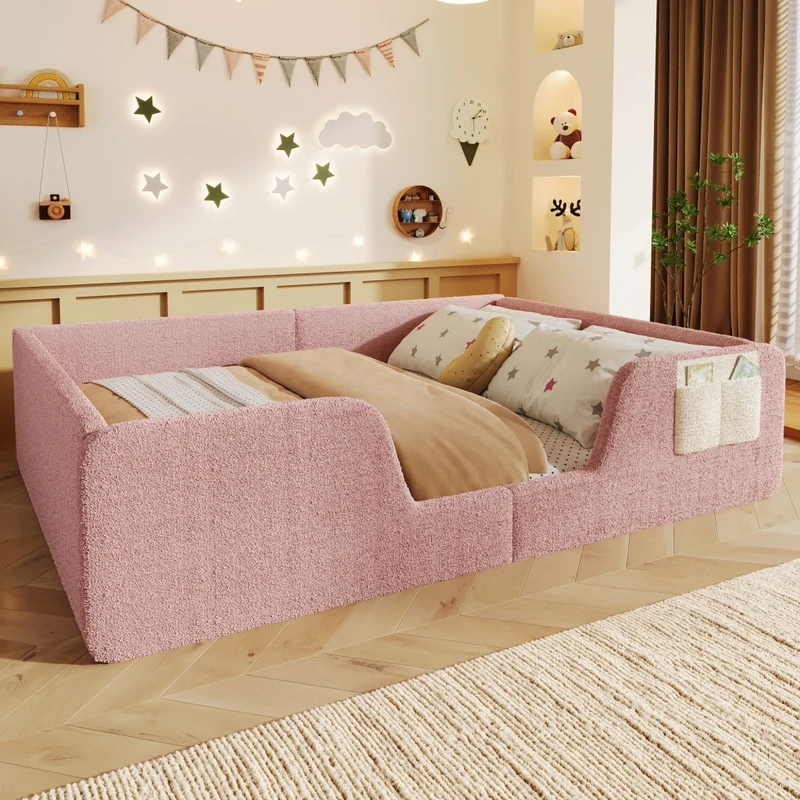 Letto imbottito per bambini 140x190 cm in velluto rosa; senza materasso; con sponde removibili