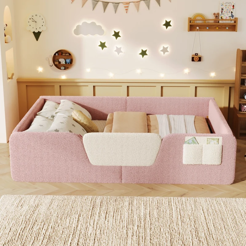 Letto imbottito per bambini 140x190 cm in velluto rosa; senza materasso; con sponde removibili