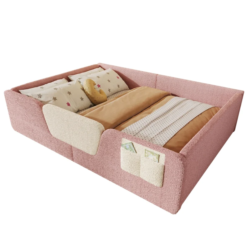 Letto imbottito per bambini 140x190 cm in velluto rosa; senza materasso; con sponde removibili