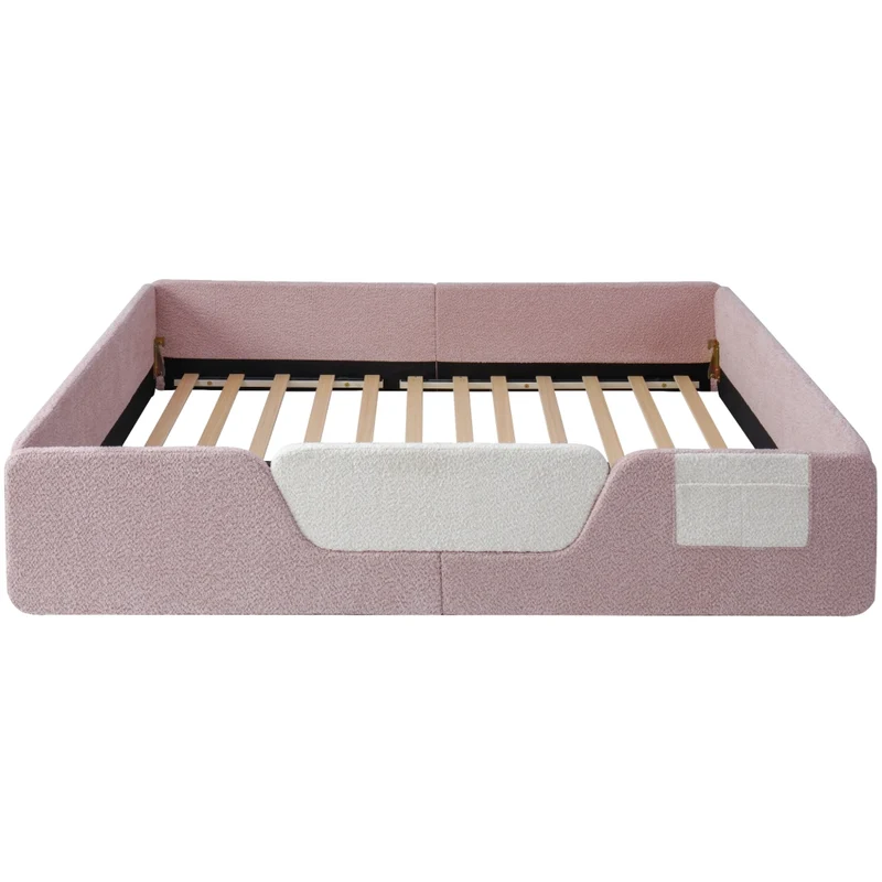 Letto imbottito per bambini 140x190 cm in velluto rosa; senza materasso; con sponde removibili