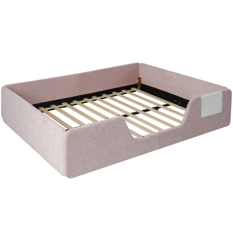 Letto imbottito per bambini 140x190 cm in velluto rosa; senza materasso; con sponde removibili