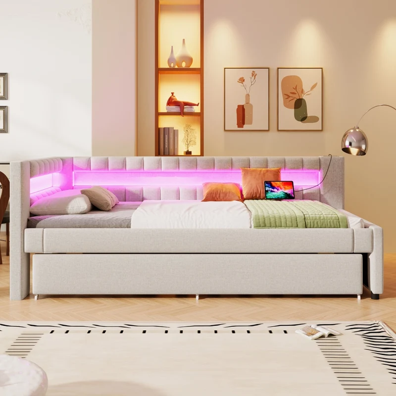 Letto singolo 90x200 cm beige con secondo letto estraibile e LED