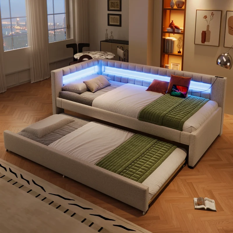 Letto singolo 90x200 cm beige con secondo letto estraibile e LED