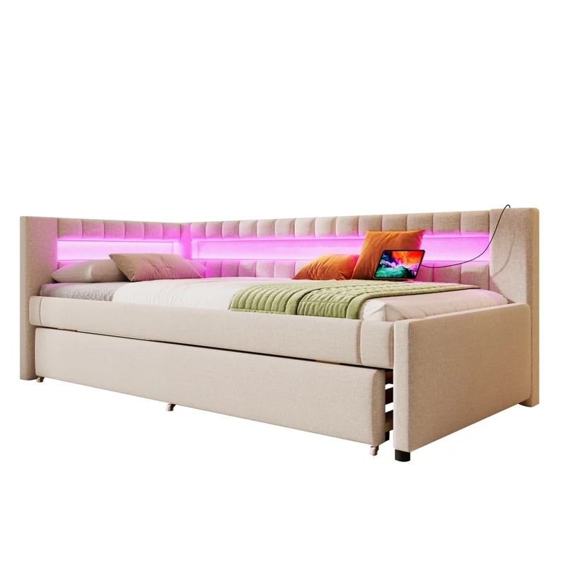 Letto singolo 90x200 cm beige con secondo letto estraibile e LED