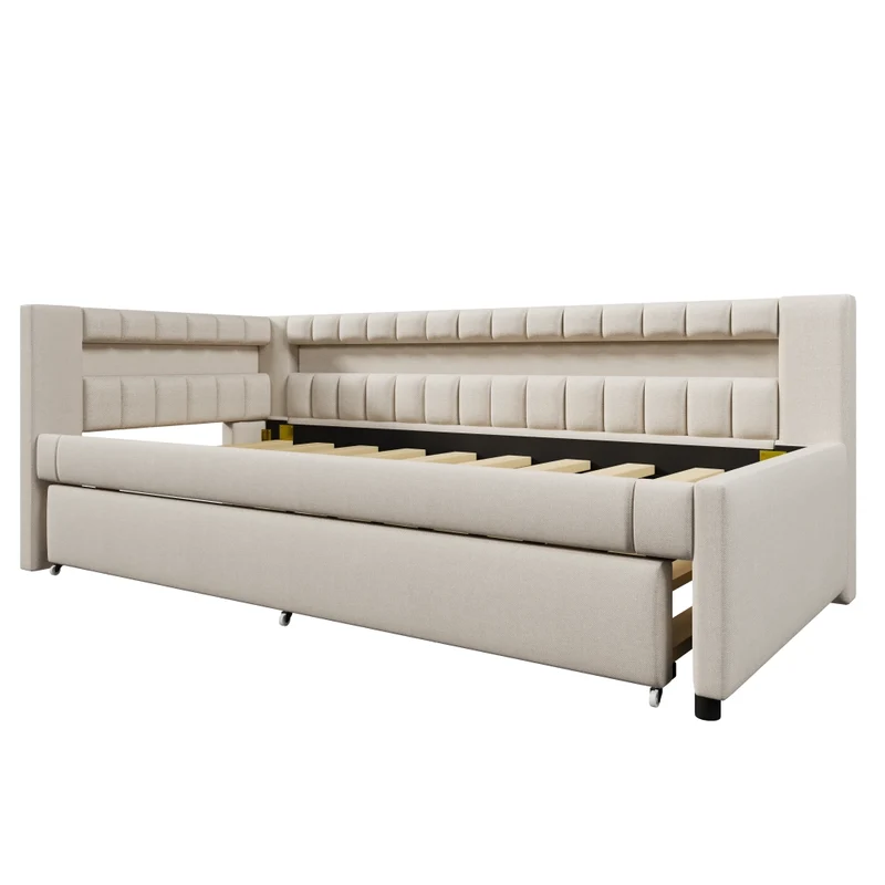 Letto singolo 90x200 cm beige con secondo letto estraibile e LED