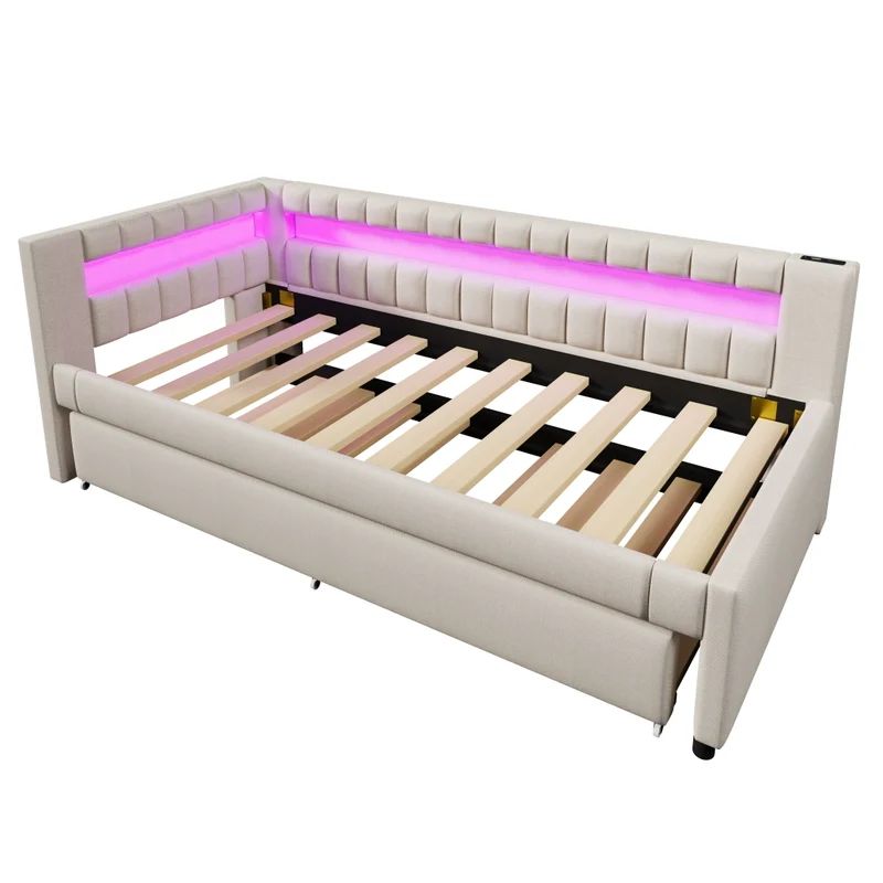 Letto singolo 90x200 cm beige con secondo letto estraibile e LED