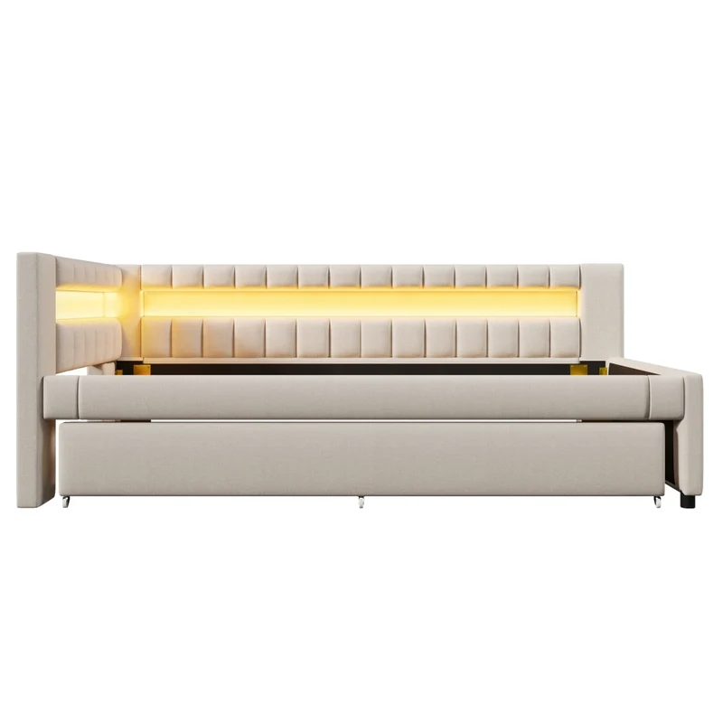 Letto singolo 90x200 cm beige con secondo letto estraibile e LED