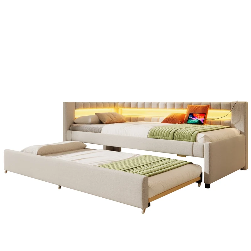 Letto singolo 90x200 cm beige con secondo letto estraibile e LED
