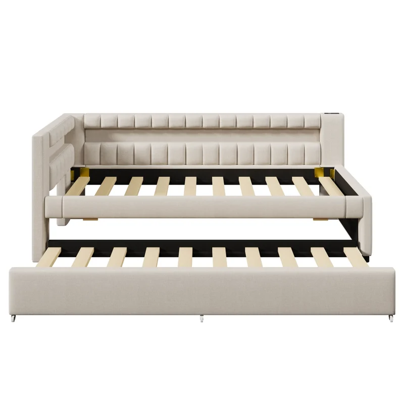 Letto singolo 90x200 cm beige con secondo letto estraibile e LED