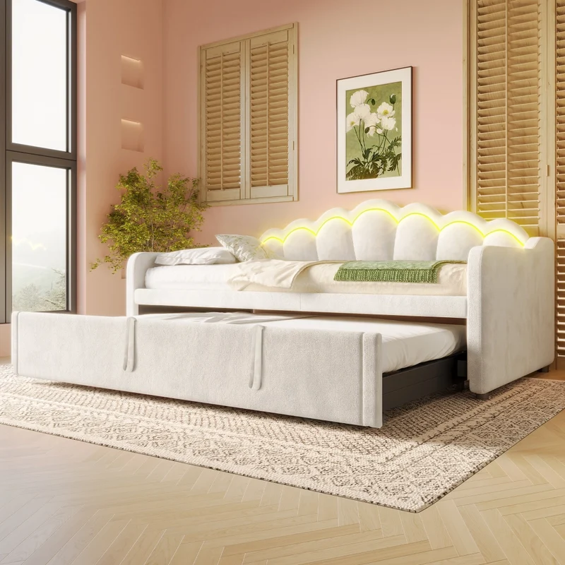 Letto singolo con letto estraibile 90x200 cm; divano letto in velluto beige con LED multicolore; trasformabile in matrimoniale 180x200 cm