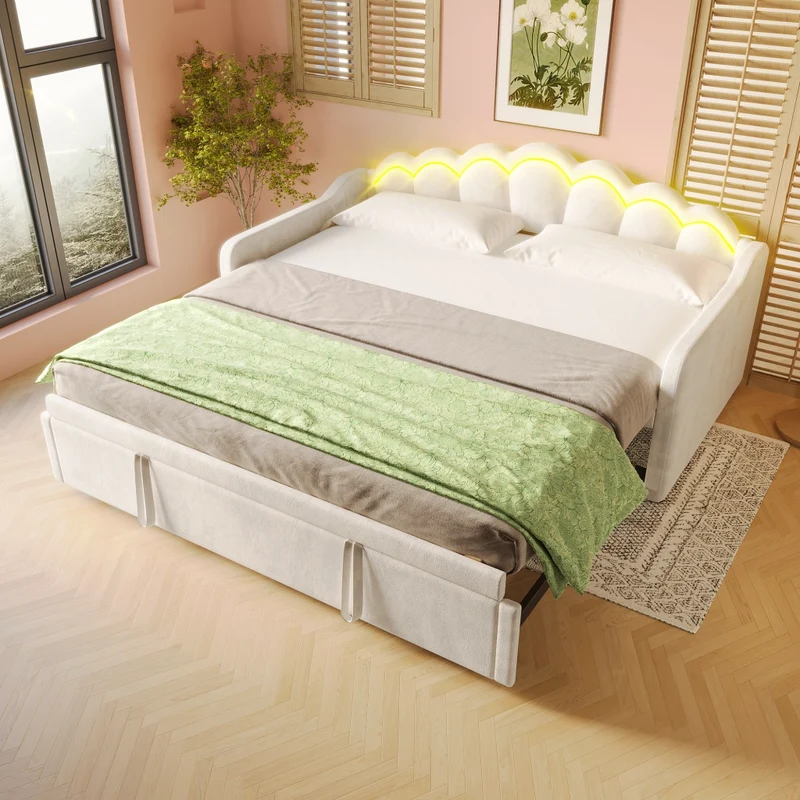 Letto singolo con letto estraibile 90x200 cm; divano letto in velluto beige con LED multicolore; trasformabile in matrimoniale 180x200 cm