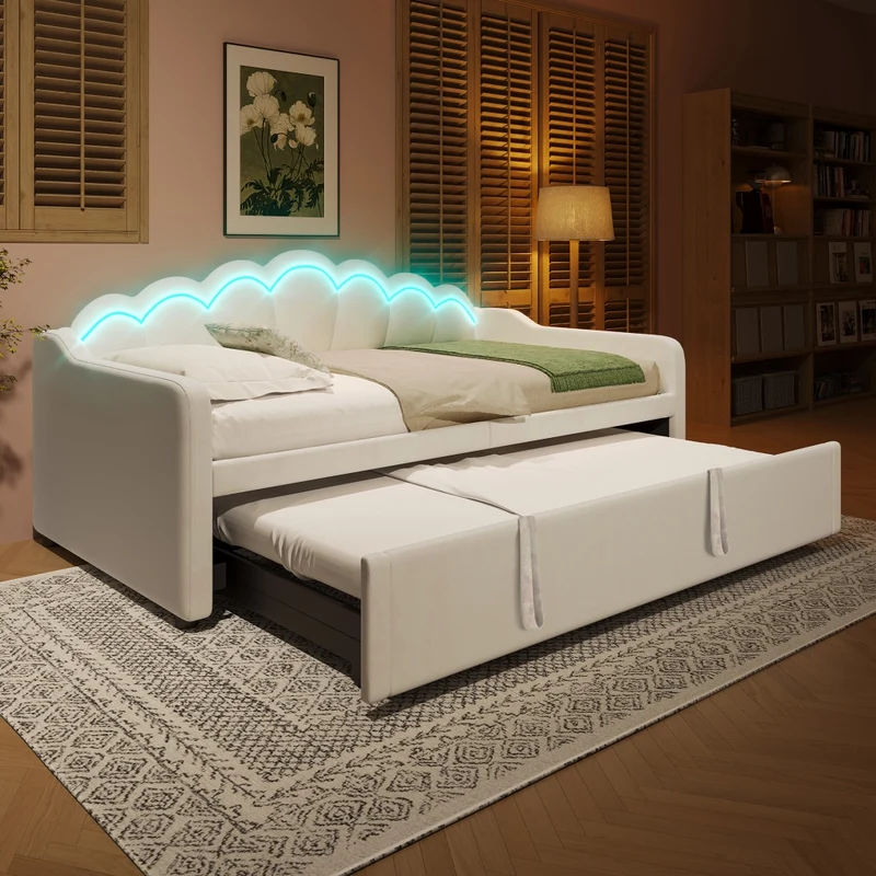 Letto singolo con letto estraibile 90x200 cm; divano letto in velluto beige con LED multicolore; trasformabile in matrimoniale 180x200 cm
