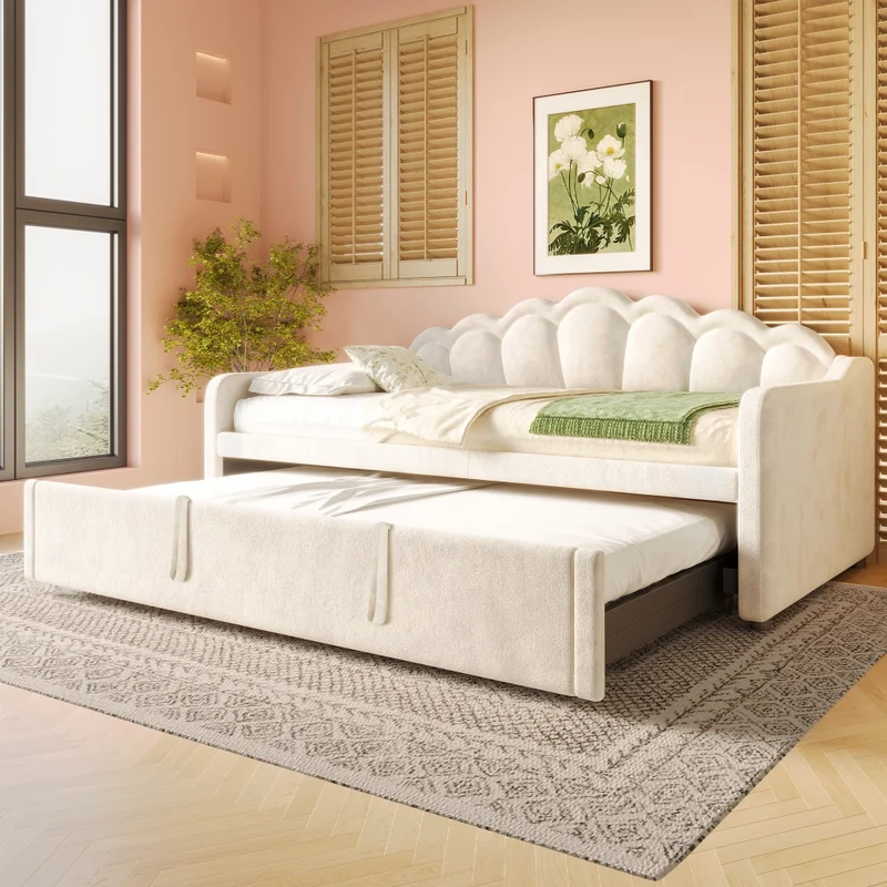 Letto singolo con letto estraibile 90x200 cm; divano letto in velluto beige con LED multicolore; trasformabile in matrimoniale 180x200 cm