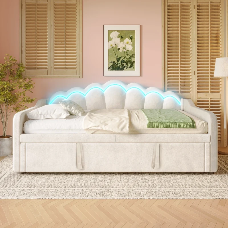 Letto singolo con letto estraibile 90x200 cm; divano letto in velluto beige con LED multicolore; trasformabile in matrimoniale 180x200 cm