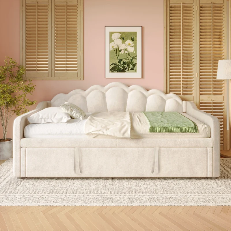 Letto singolo con letto estraibile 90x200 cm; divano letto in velluto beige con LED multicolore; trasformabile in matrimoniale 180x200 cm