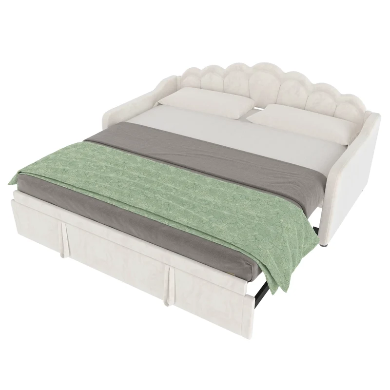 Letto singolo con letto estraibile 90x200 cm; divano letto in velluto beige con LED multicolore; trasformabile in matrimoniale 180x200 cm